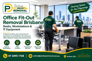 Office Fit-Out Removal Brisbane featuring Pic Drop Removal professionals handling office desks, workstations and IT equipment with contact details.