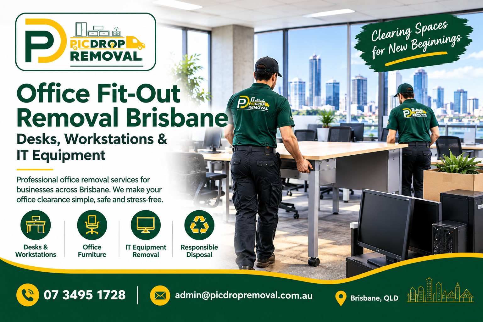 Office Fit-Out Removal Brisbane featuring Pic Drop Removal professionals handling office desks, workstations and IT equipment with contact details.